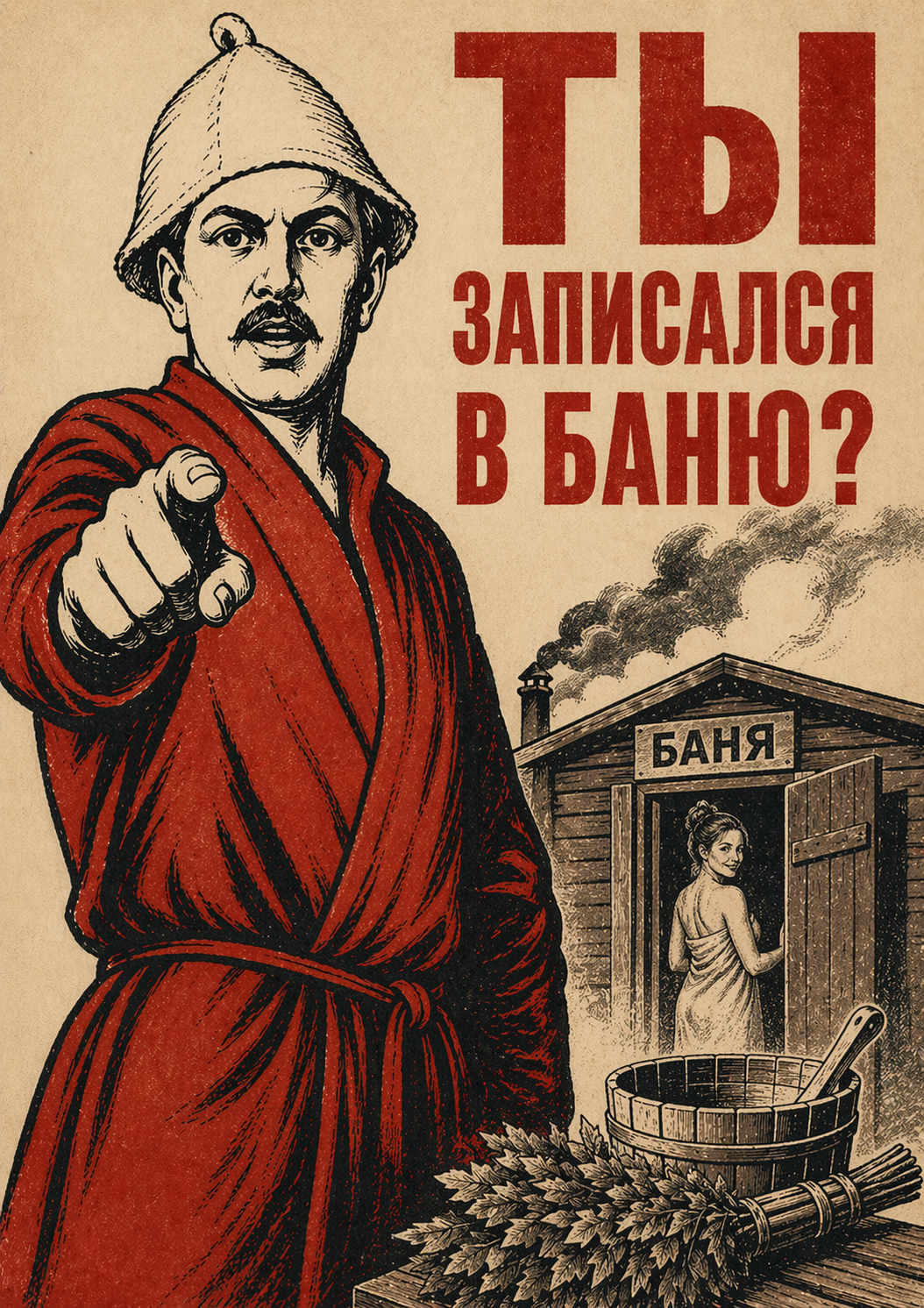 Ретроплакат: мужчина в банном халате и шапке с указующим жестом и надписью «Ты записался в баню?»